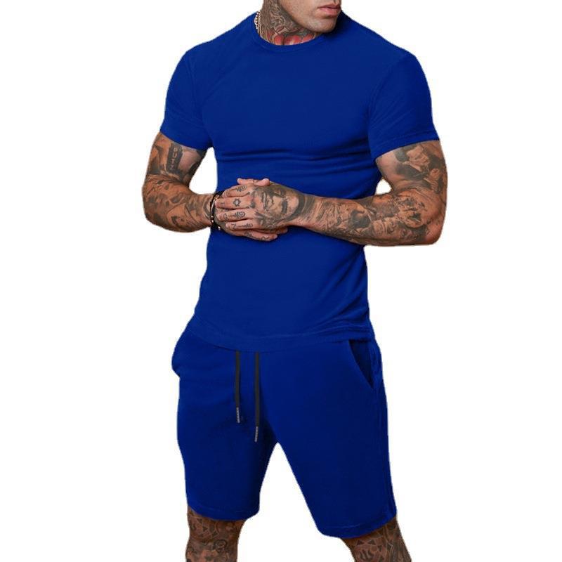 Foreign Trade Men's Solid Color Shorts Short-sleeved T-shirt Sports Suit Men's Thin Summer Two-piece Printable logo