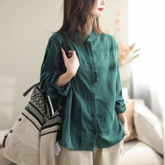 Chinese Style Artistic Retro Solid Color Shirt Women's 2024 Spring and Autumn New Cotton and Linen Ruffled Long Sleeve Cardigan Top