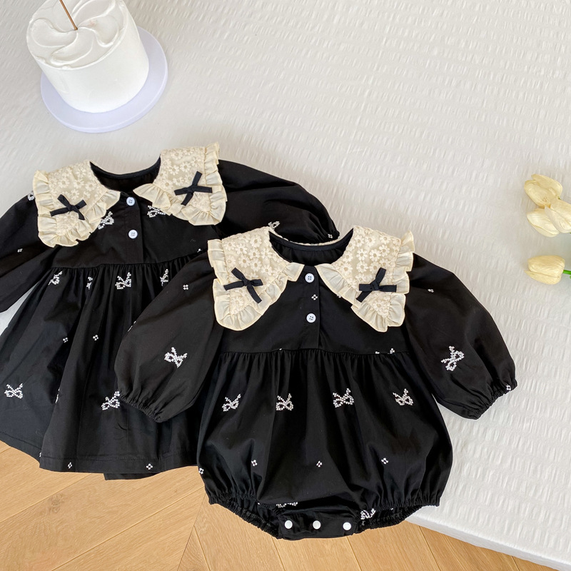 2023 Korean-style Baby Jumpsuit Spring and Autumn New Long-sleeved Triangle Hats Bow Collar Baby Girl Black Climbing Suit