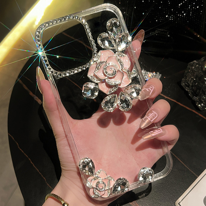 蘋果15手機殼水鑽山茶花iphone14promax透明硅膠保護套適用12/13