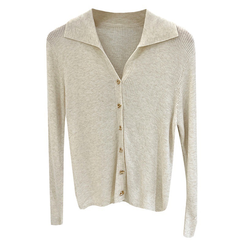 Design sense niche lapel long-sleeved sweater for women 2023 autumn and winter western style solid color top bottoming shirt sweater