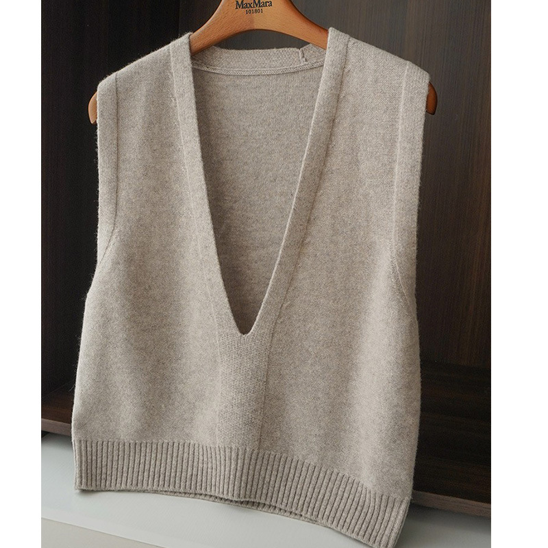 New Autumn and Winter Core-spun Yarn Material Women's 100 Knitted V-neck Vest Pullover Vest Korean-style Outer Wool Waistcoat
