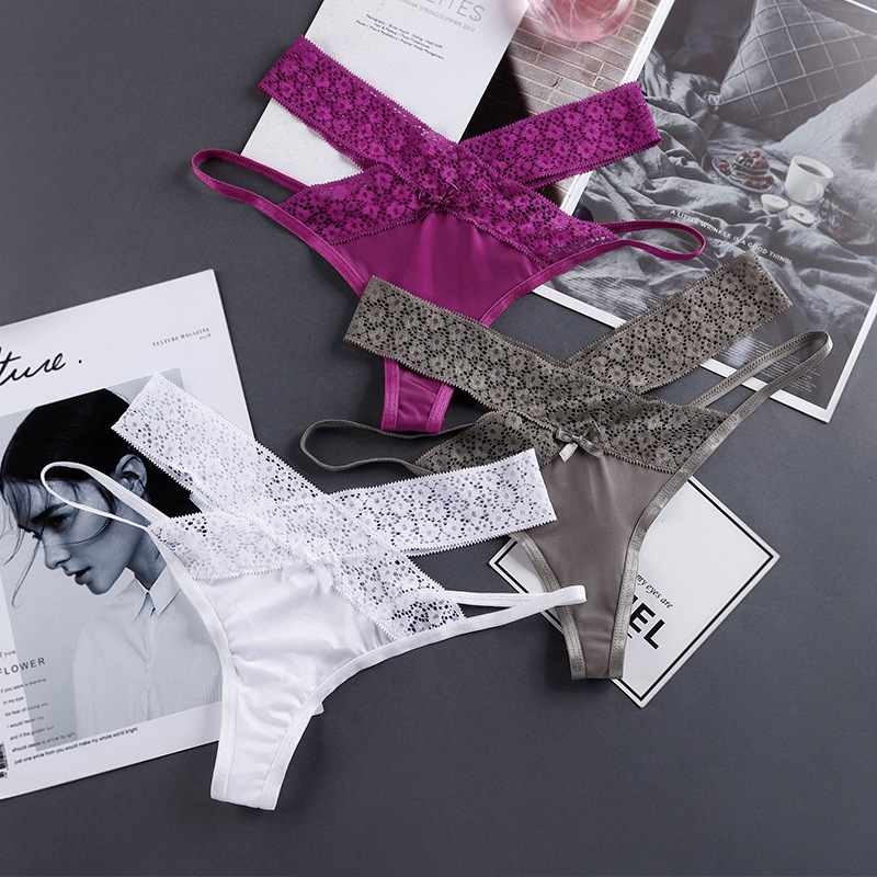 Foreign trade European and American sexy thong women's ice silk sexy seamless cross lace breathable sexy women's underwear pure desire