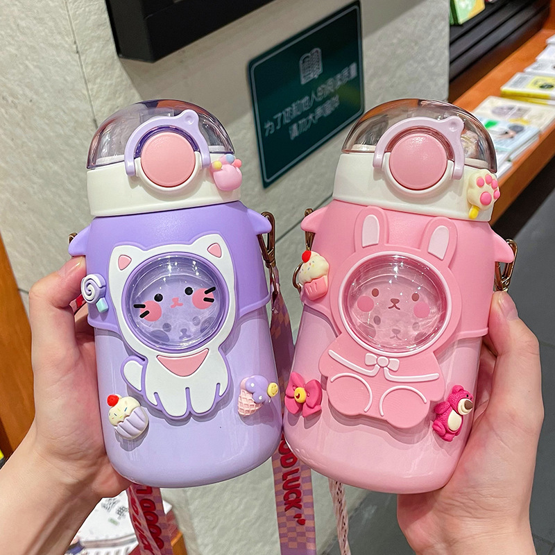 New cute high-value cartoon with straw belly thermos 316 stainless steel Children's strap insulation water Cup