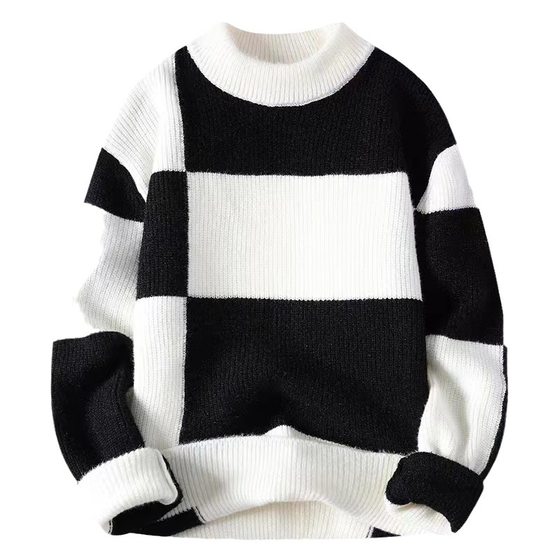 Autumn and Winter half turtleneck knitted bottoming shirt men's fashion brand contrast color sweater youth casual all-matching trendy top