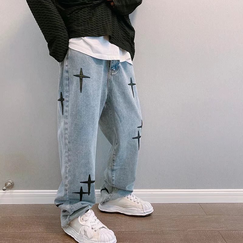 Jeans Men's Autumn Guochao High Street Cross Tape Embroidered Loose Straight Wide Tiniu ins Trendy Brand Long Pants