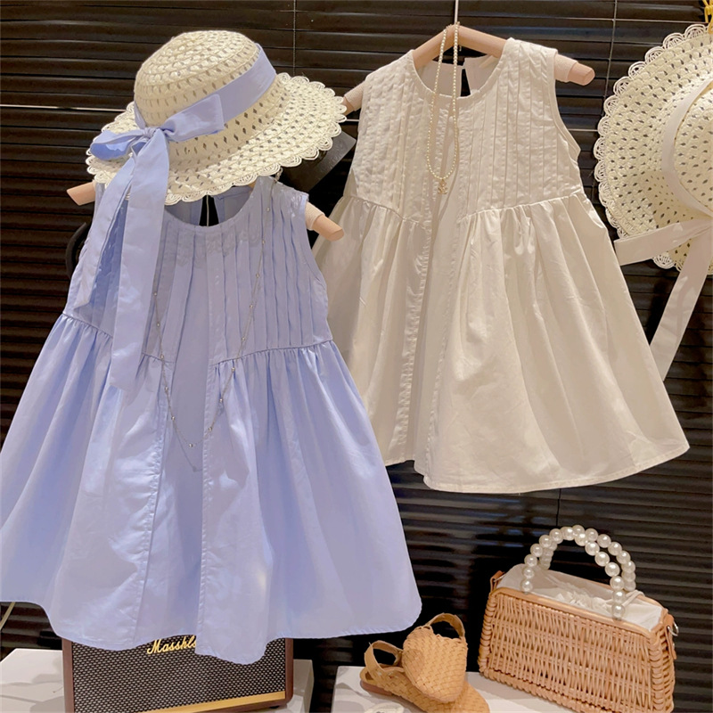 2024夏季新款女童法式簡約氣質公主裙兒童洋氣無袖純棉背心連衣裙