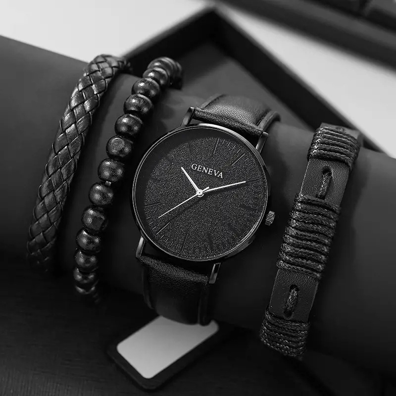 4 pcs/set Men's New Watch set Fashionable All-match Quartz Watch + All-match Beaded Woven Bracelet