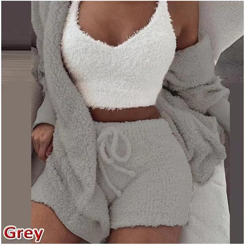 2022 Cross-border European and American Women's Winter Plush Home Clothes Casual 3-piece Pajamas Long-sleeved Shorts Sports Suit