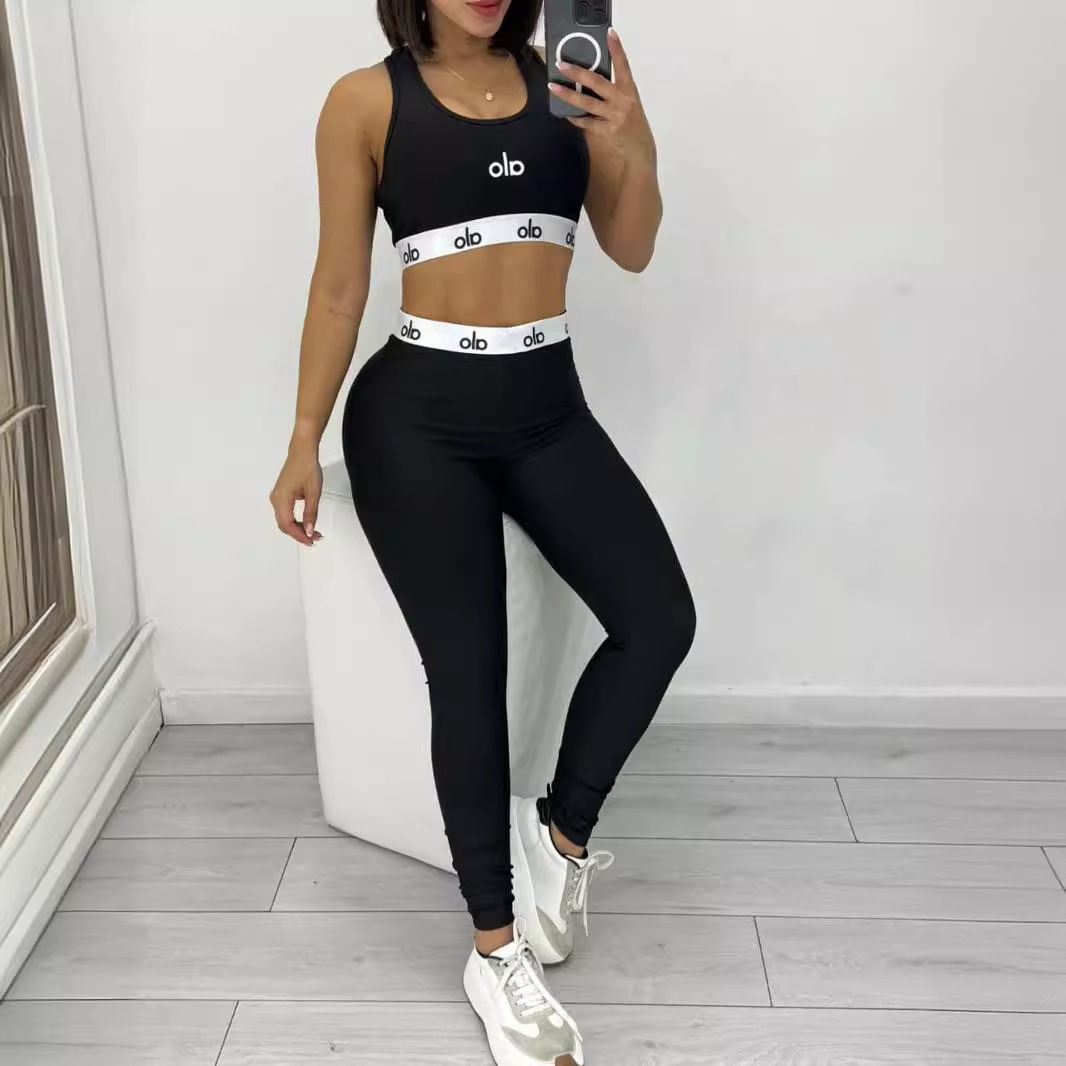Y9516 European and American Cross-border Women's Summer New Embroidered Letters Fashion Yoga Sports and Leisure Two-piece Set