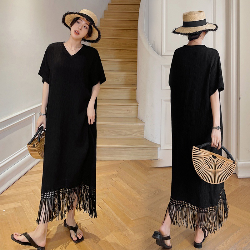 Actual shot of 2024 new summer loose large size textured dark pattern lace fringe short-sleeved dress fashionable and simple