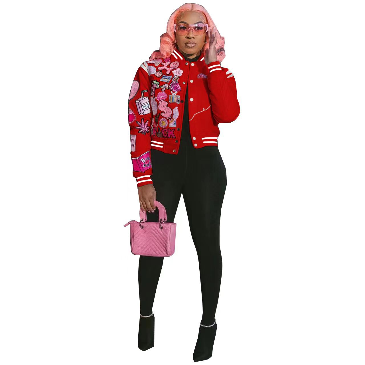 WB9150 European and American large size women's cross-border supply fashion printed button baseball jacket
