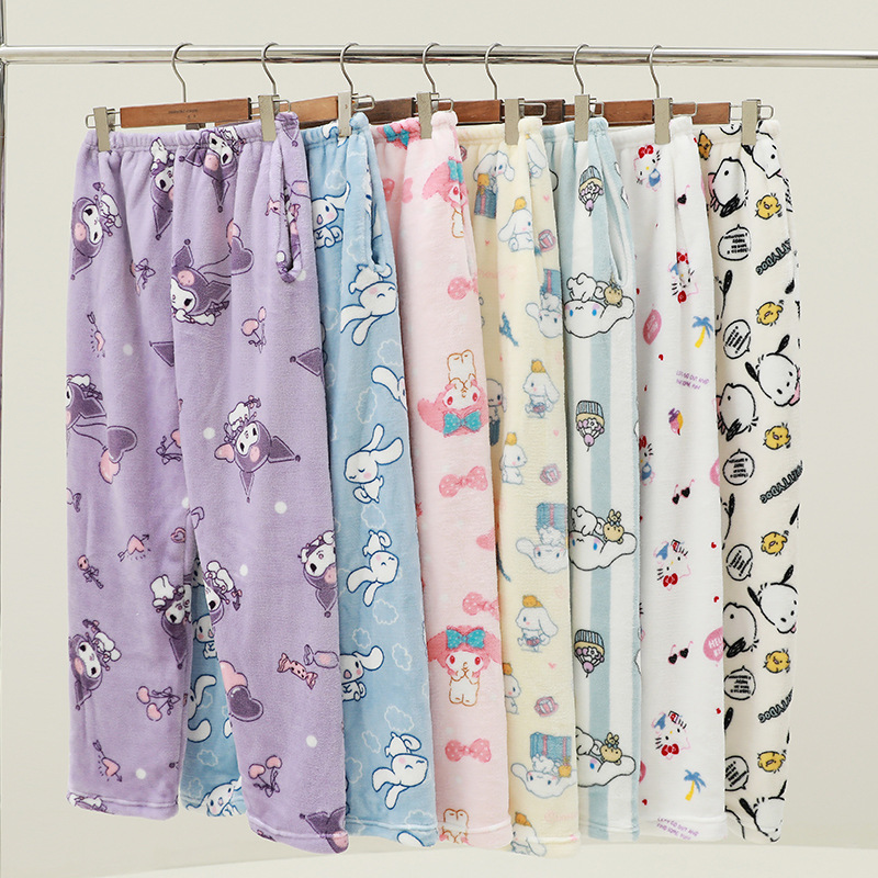 Flannel cartoon walking pants pyjamas thick women's autumn and winter new fleece-lined warm home casual pants kulomi foreign trade