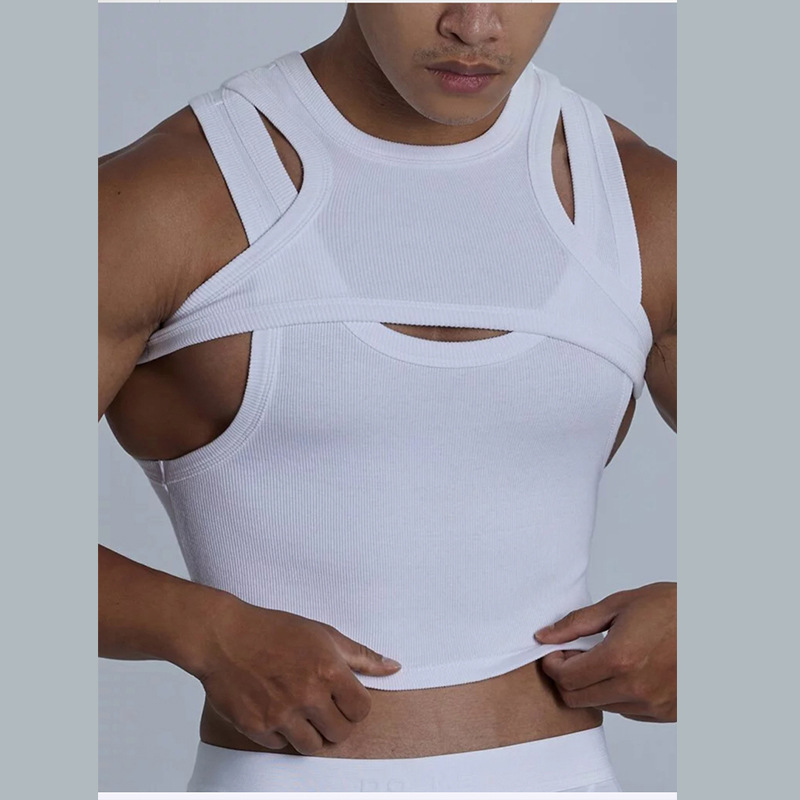In stock independent station hot selling inner base Street fashion sexy irregular vest camisole men's two-piece set