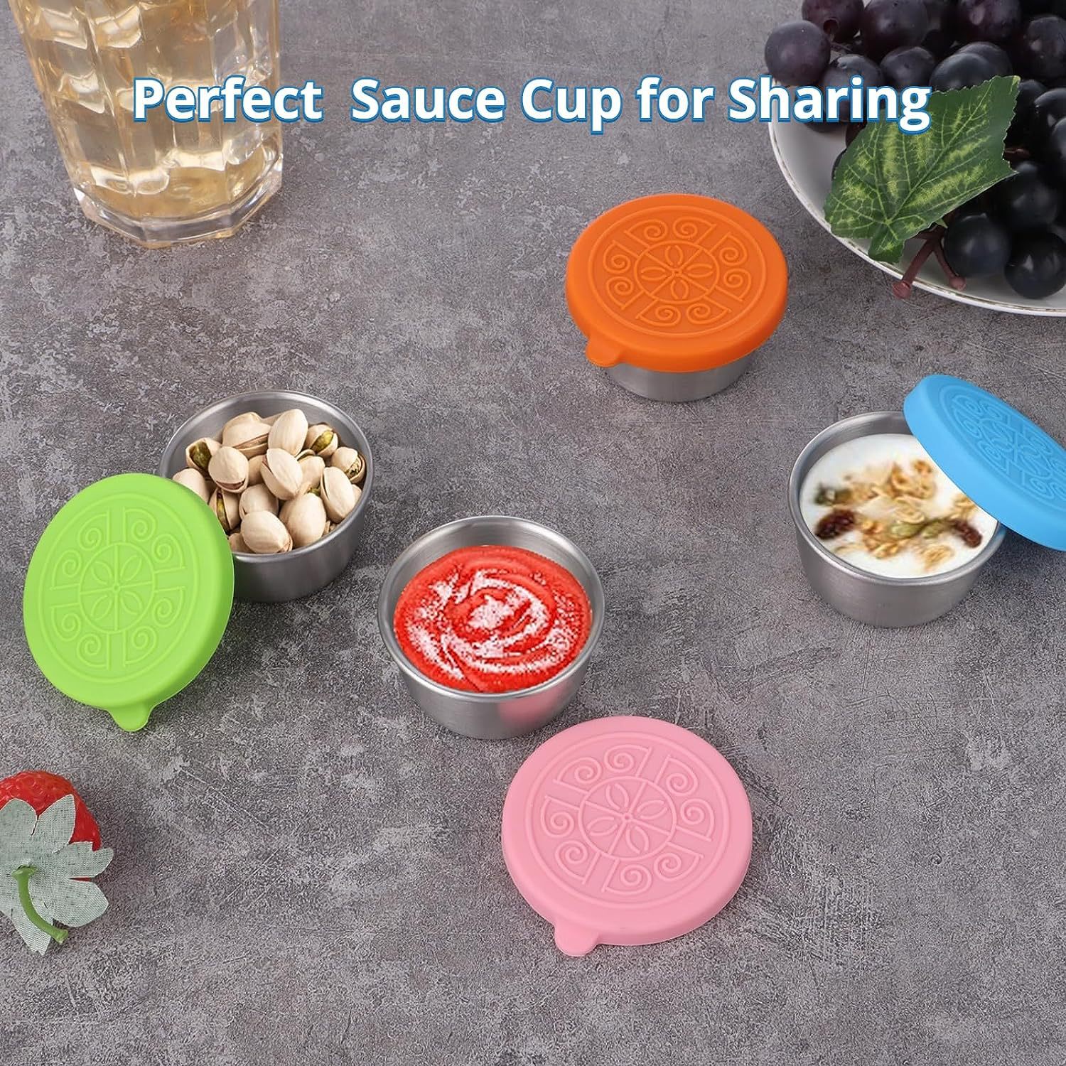 Amazon hot sale 304 stainless steel sauce cup with silicone lid 40ml dipping cup portable sauce seasoning dish