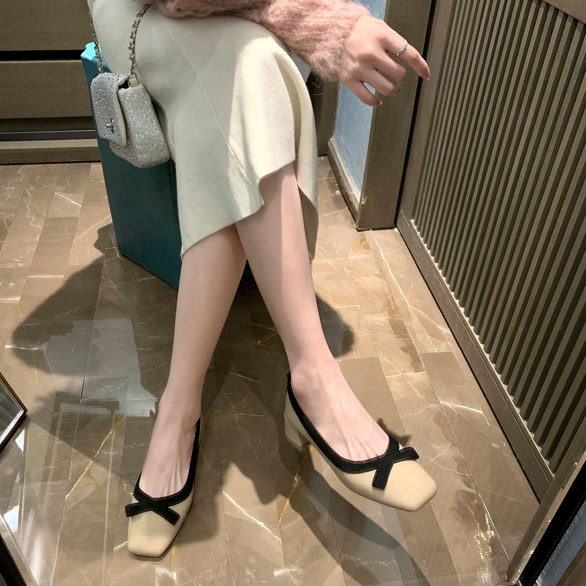 [Grape Mom Same Style] French Evening Wind Bow High Heels Square Head Shallow Mouth Thick Heel Shoes Women's Summer and Autumn