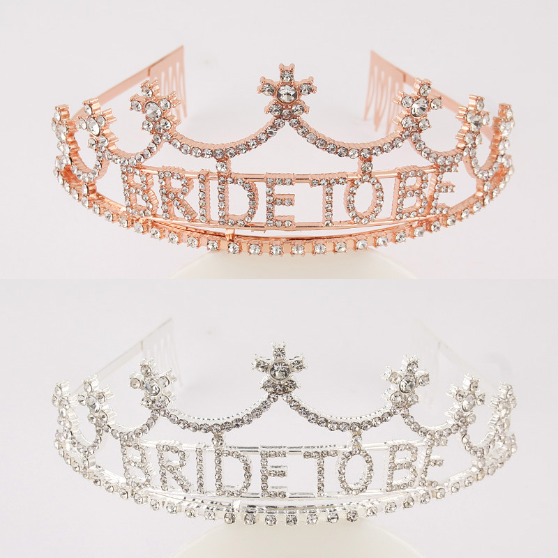 跨境新娘皇冠bride to be字母時尚水鑽發箍婚禮頭飾金屬皇冠飾品