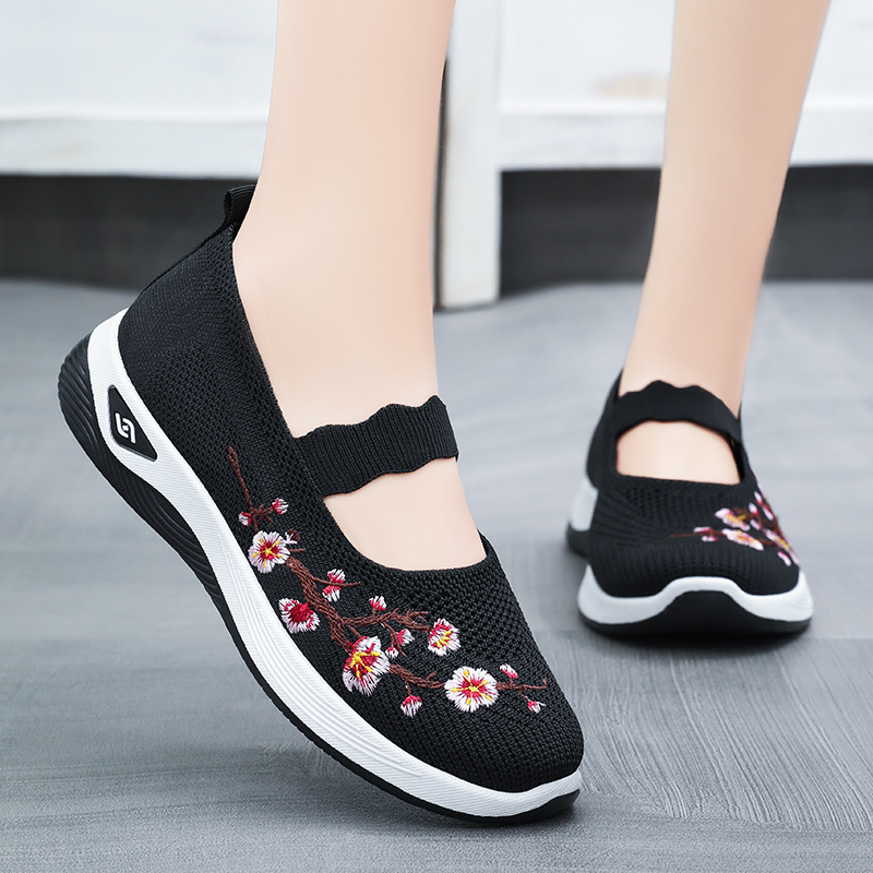 Mom's shoes summer New embroidered low-cut single-layer shoes women's breathable casual shoes slip-on slip-on shoes