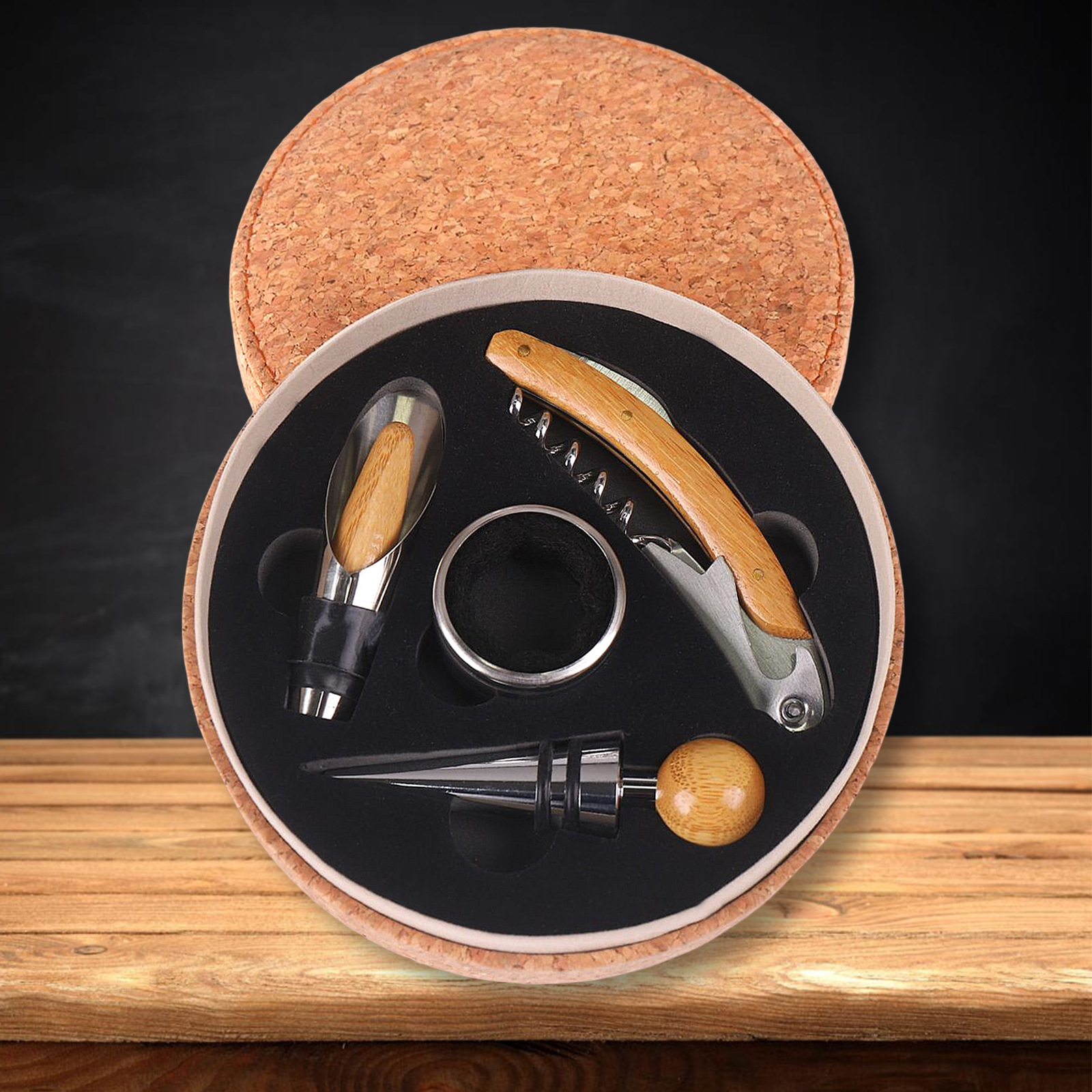 Cross-border upgrade multi-functional wine bottle opener suit wine bamboo round box gift box manufacturers direct supply in stock