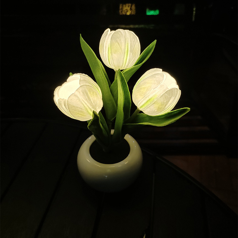 ピンクチューリップ Led 植木鉢ライトセラミック雰囲気夜の装飾飾り小型 Led 照明装飾|undefined