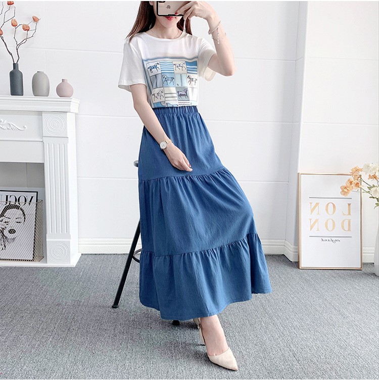 2024 Amazon Spring and Summer New Denim High Waist Joker Long Dress Retro Simple A- line Loose Waist Half