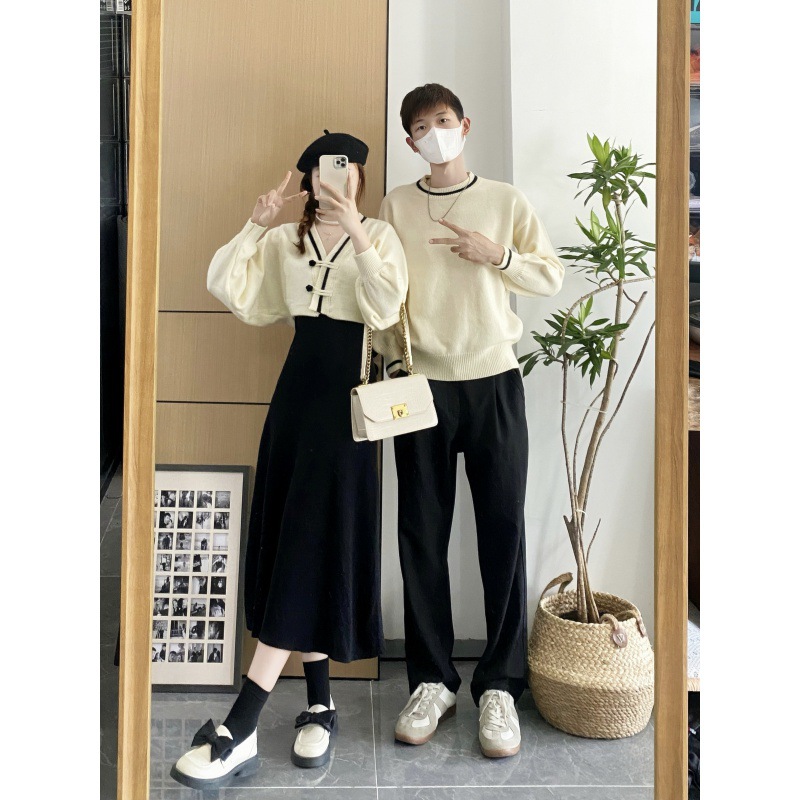 2023 autumn and winter French style Platycodon grandiflorum two-piece women's sweater dress suit men's round neck sweater couple wear