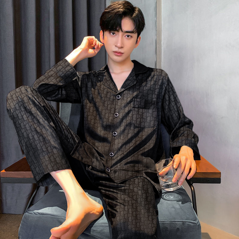 Pajamas men's long sleeve ice silk pattern high-grade black suit summer lapel plaid home clothing factory direct generation
