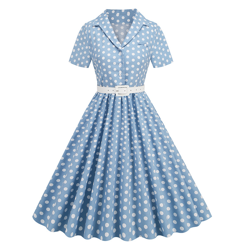 Amazon European and American women's polka dot stitching belt short sleeve European and American dress Hepburn vintage Amazon dress