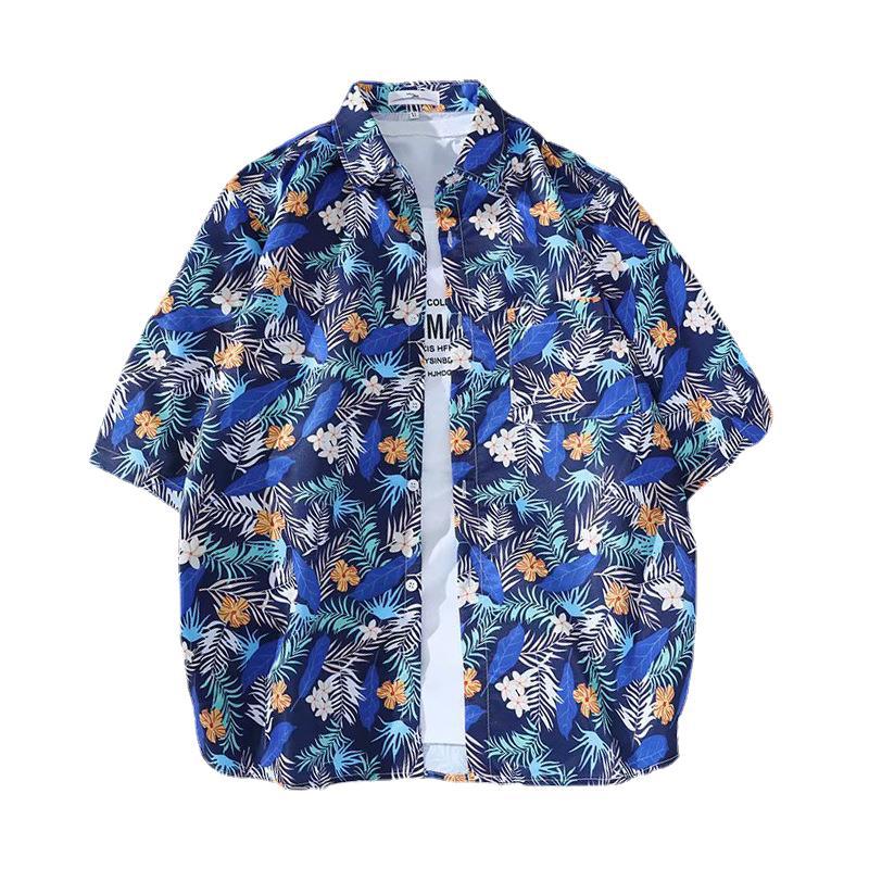 Hawaiian floral shirt men's retro couple trend casual loose popular beach vacation floral short-sleeved shirt trendy