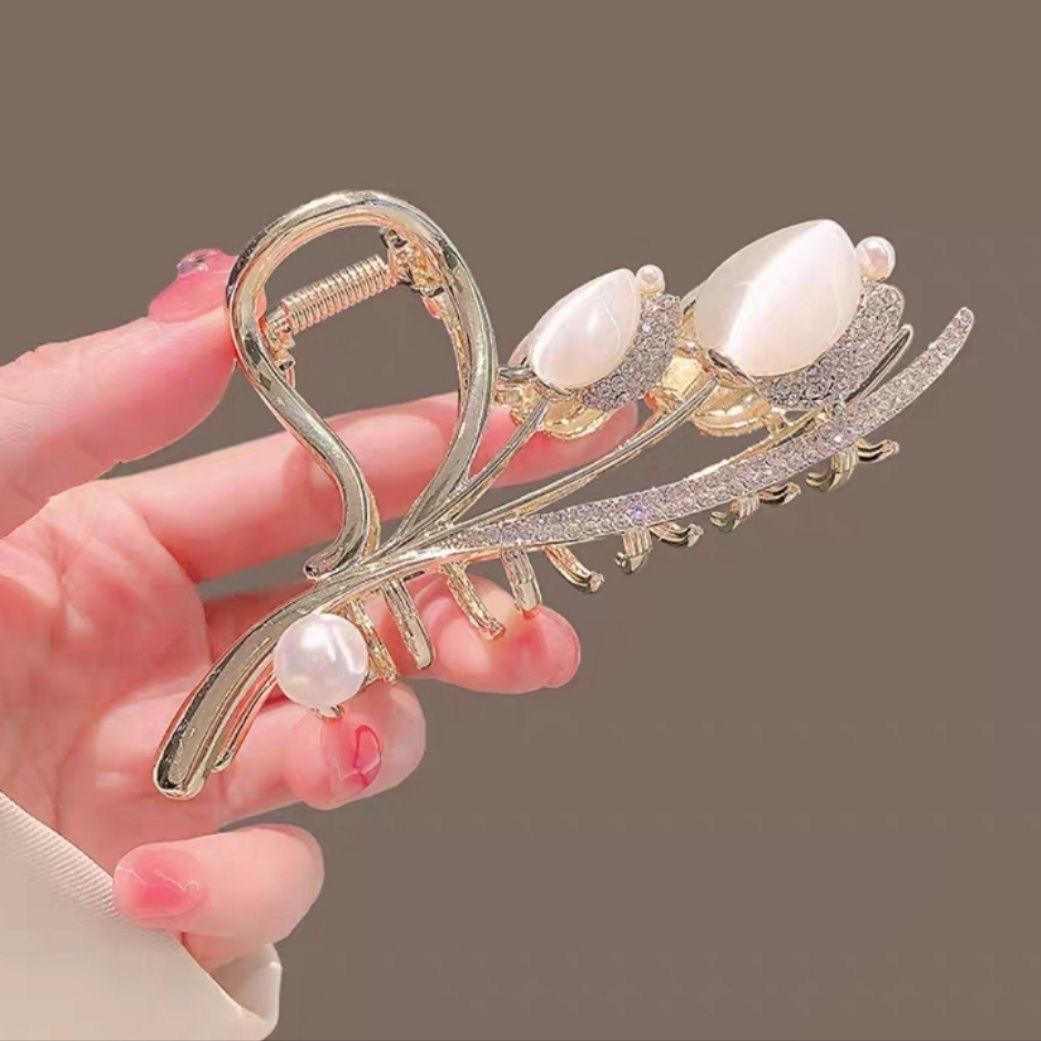 New Cat's Eye Stone Tulip Grab Clip Elegant Elegant Shark Clip High-class One-word Back of Head Large Hair Clip_voghion.com