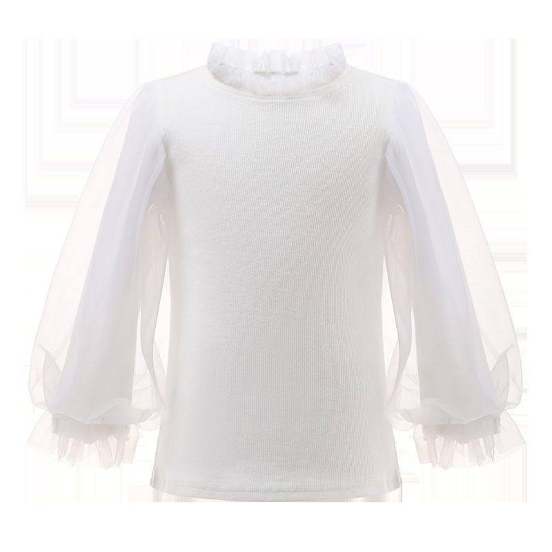 Bubble Sleeve Cotton White Base Shirt Autumn and Winter Sweater Women's Children's Wear Baby's Western Style Children's Long Sleeve Half High Collar