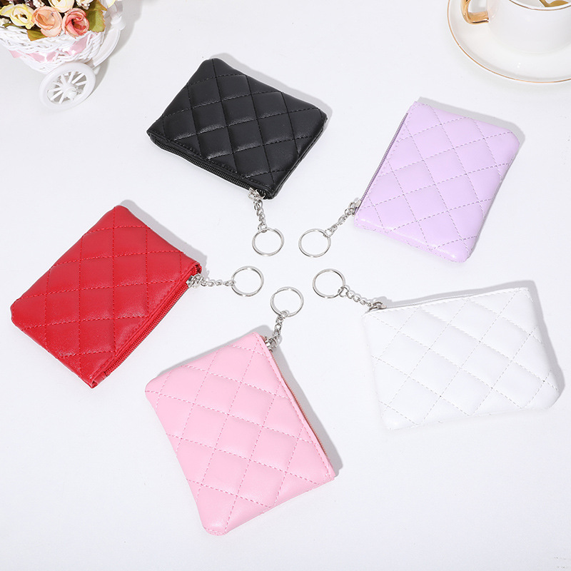 Coin Purse Women's 2022 Diamond Embroidered PU Short Mini Zipper Small Purse Solid Color Coin Card Storage Bag_voghion.com