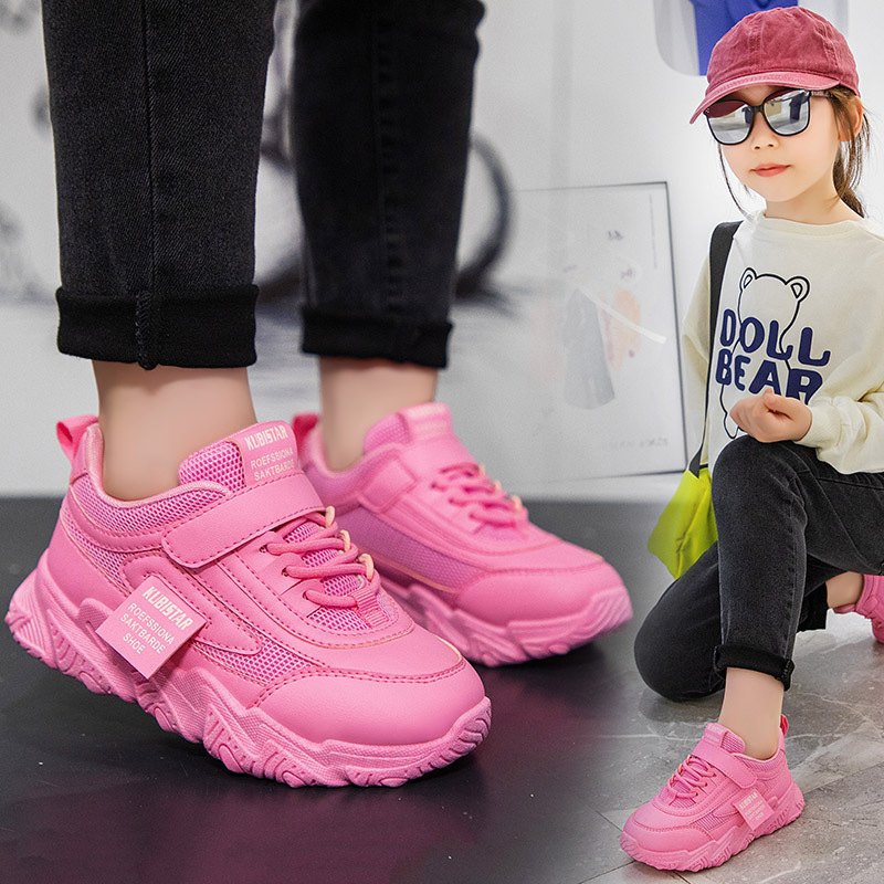 Autumn and Winter New Children's Sneakers Leather Girls' Casual Mesh Breathable Running Shoes Student Velvet Girls Children's Shoes