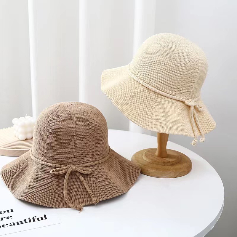 Summer Woven Bow Ruffled Fisherman Hat Hollow Breathable Straw Woven Seaside Vacation Anti-UV Sun Hat