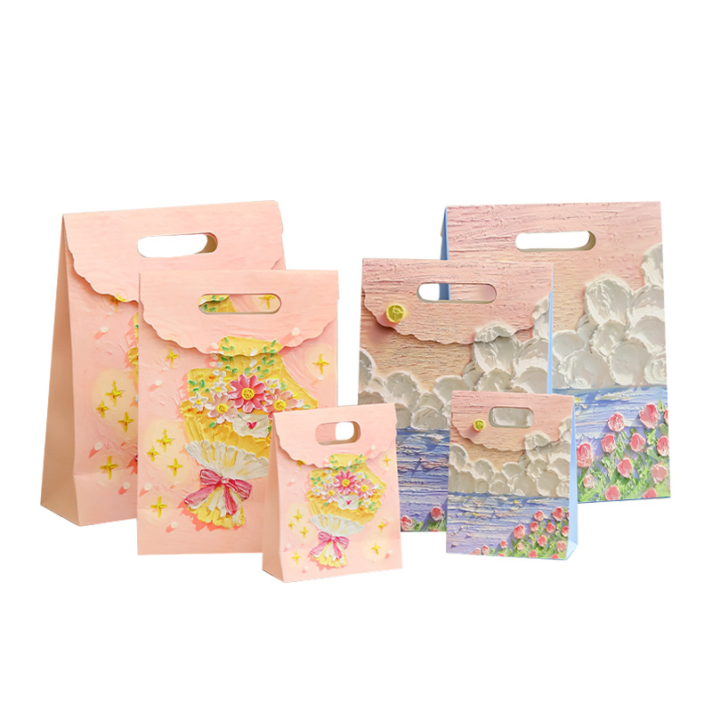 Ins Oil Painting Style Three-dimensional Gift Bag Jewelry Hair Accessories Handbag Holiday Birthday Handheld Gift Packaging Bag