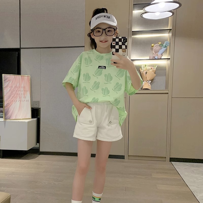 Girls' Short-sleeved T-shirt Summer 2024 New Korean Style Children's Big Children's Thin Fashionable Western Style Top Children's Fashion Brand