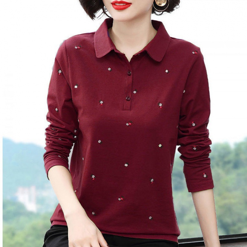 Polo Shirt Long-sleeved T-shirt Women's Loose Large Size Mother's Spring 2032 New T-shirt Slimming Top Base Shirt