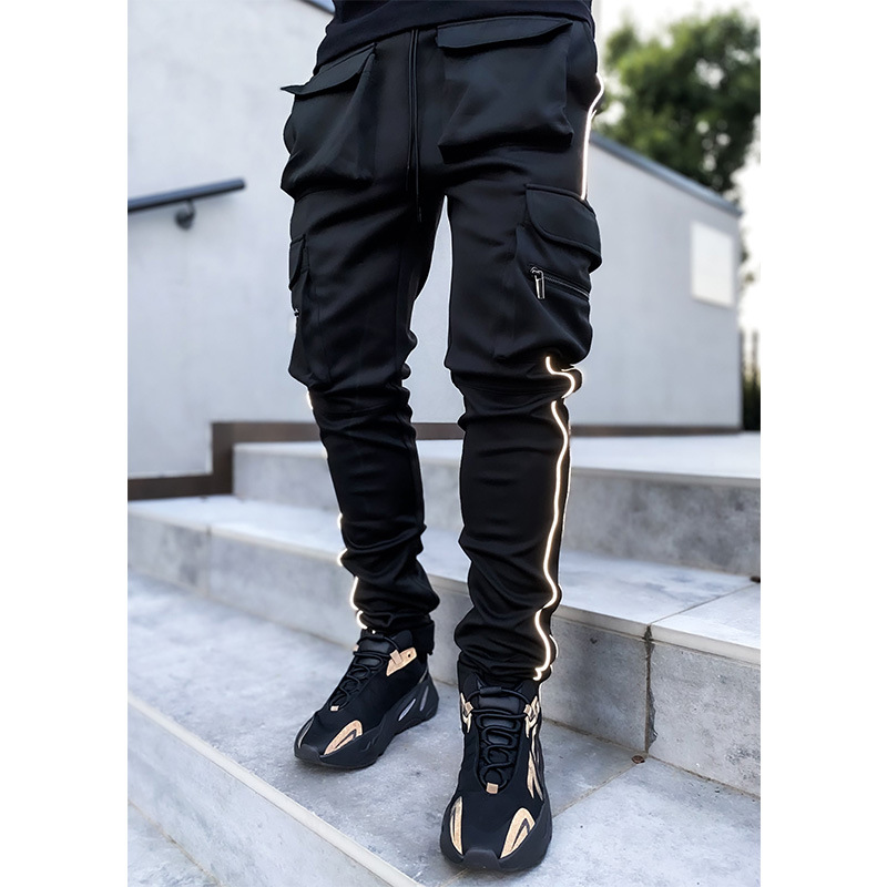 Spring and Autumn Work Pants Men's Multi-pocket Trendy Brand Elastic Reflective Slim-fit Sports Leisure Fitness Trousers Cross-border Foreign Trade