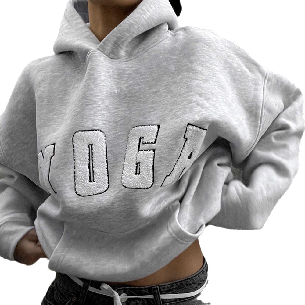 European and American 2023 New Amazon cross-border casual gray embroidered YOGA letter print loose hooded women's sweater