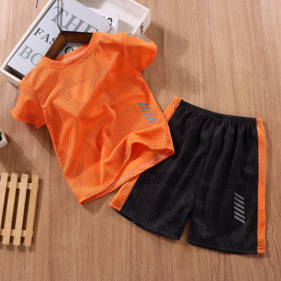Children's short-sleeved suit running sportswear quick-drying boys and girls summer thin pullover shorts children's clothing two-piece suit