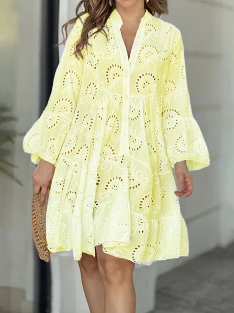 In stock 2023 European and American cross-border spring and summer Amazon solid color V-neck loose embroidery hollow lace dress