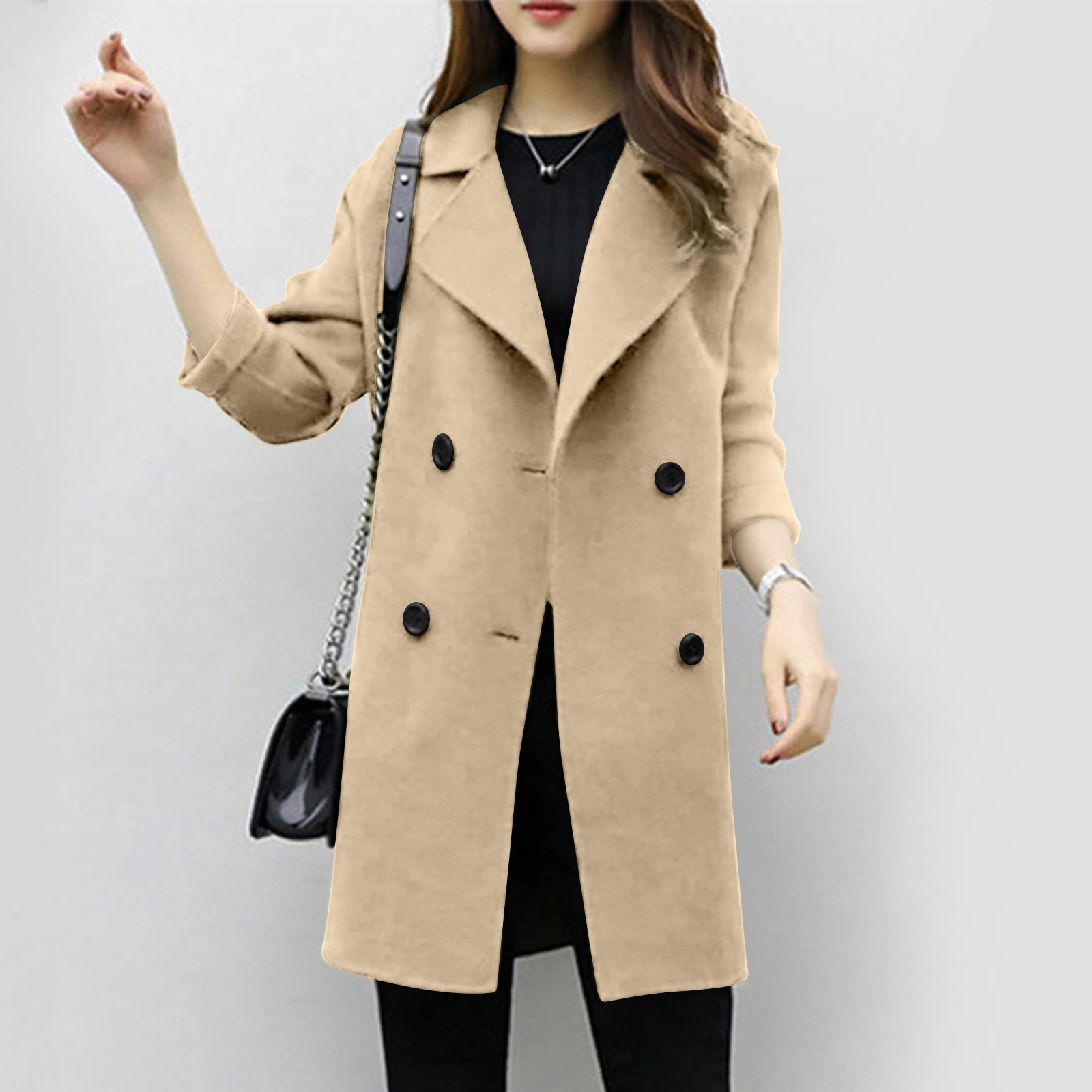 Woolen coat mid-length double-breasted long sleeve solid color woolen coat for women_voghion.com