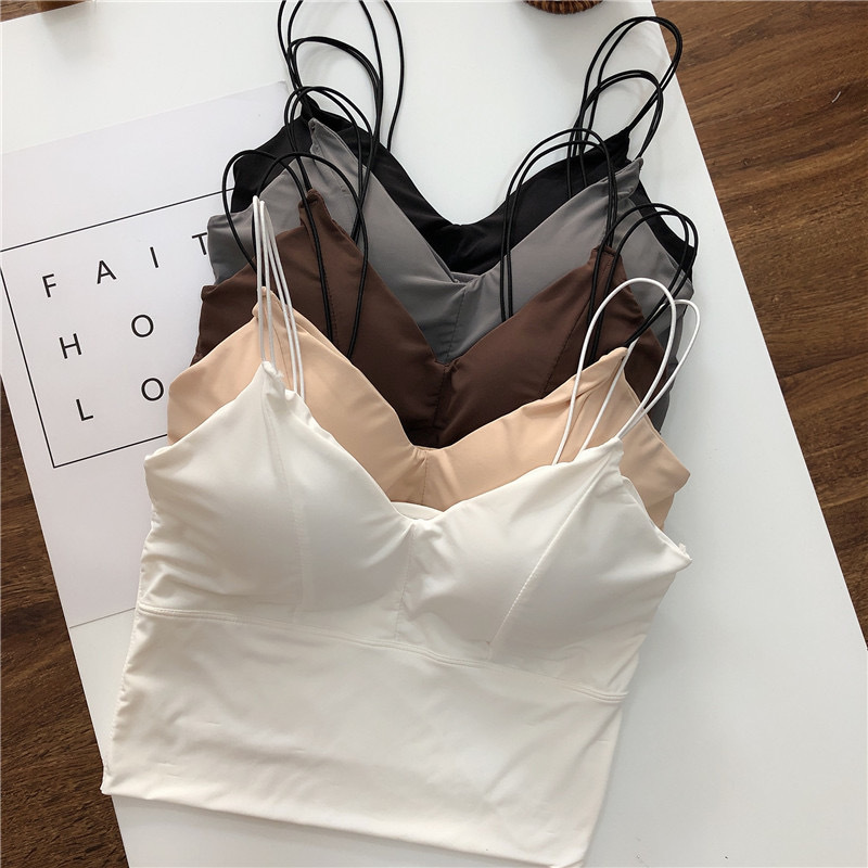 2024 Summer Thin Belt Solid Color Ice Silk Non-marking Sling Beautiful Back Underwear Women's Anti-running Light Belt Chest Pad Vest Outer Wear Ins