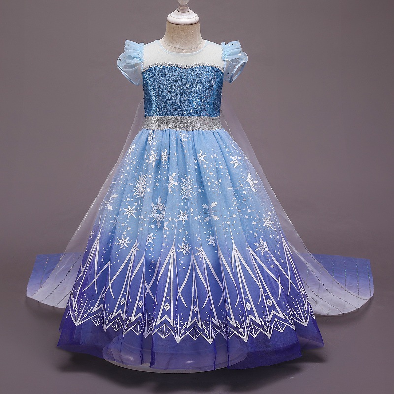 Frozen 2 Princess Aisha Printed Sequin Mesh Dress Girls Short Sleeve Large Skirt Foreign Trade Explosions