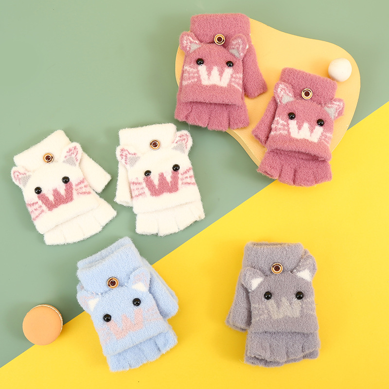 Plush gloves Children Baby windproof writing kitten half finger flip fleece-lined thick warm winter gloves wholesale