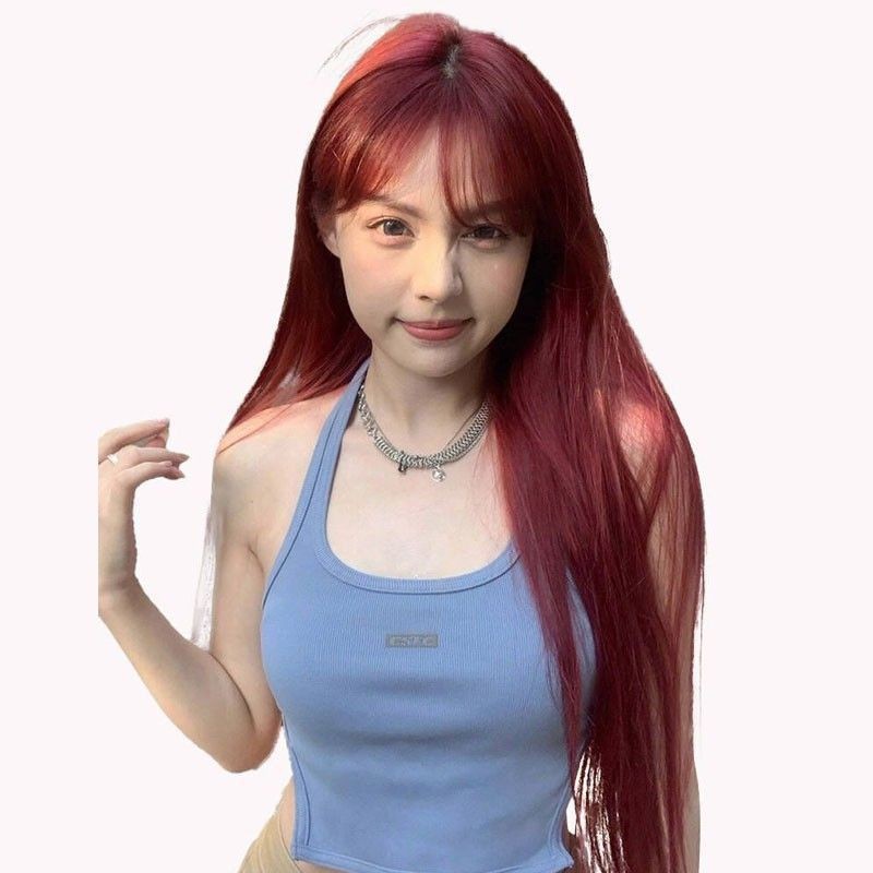 Coney Wig Red Full Top Wig Women's Long Straight Hair Straight Bang Natural Summer Women's Headgear High Temperature Silk Wig
