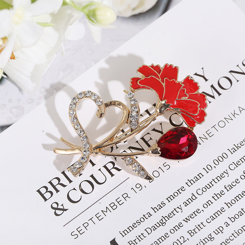 New vintage rose flower brooch red high-grade anti-light flower pin European and American diamond-studded delicate ladies brooch