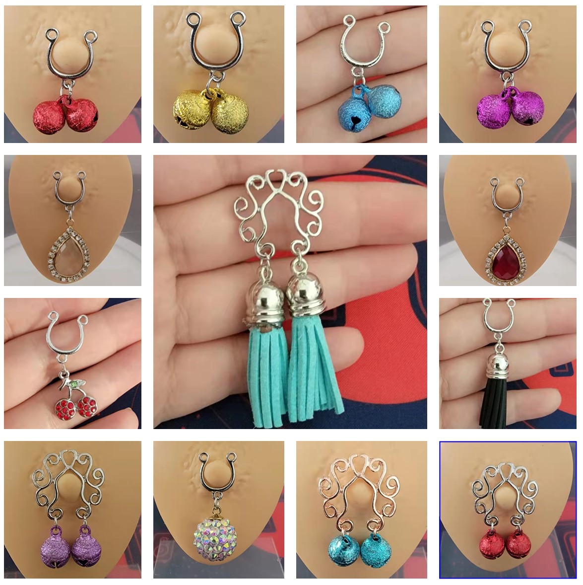 Cross-border e-commerce factory spot Bell tassel milk nail fake breast ring does not puncture symmetrical puncture jewelry chest ornaments