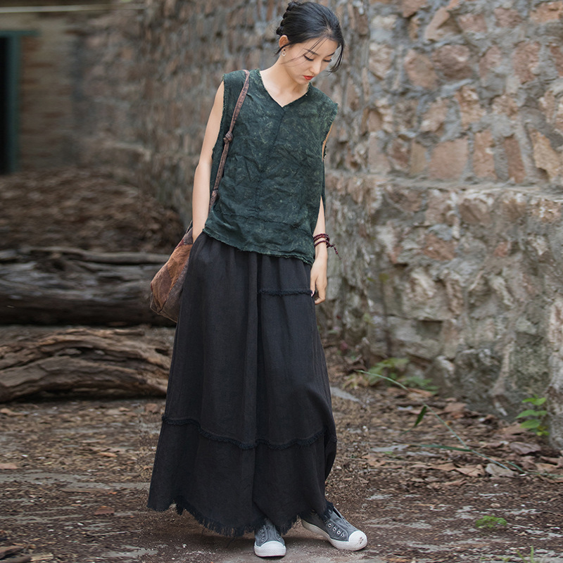 Ramie Sand Stir-fried Sanding Casual All-match Skirt Cotton Linen Women's New 24 Spring and Summer Home Travel Women's Skirt