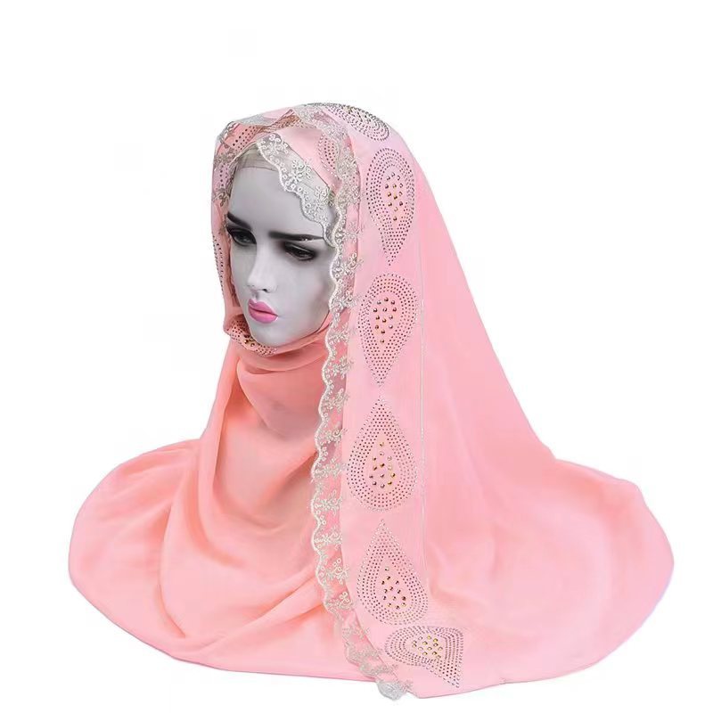 Cross-border Middle East Arab New Headscarf Pearl Chiffon Stitching Lace Boutique Scarf Love Drops Rhinestone